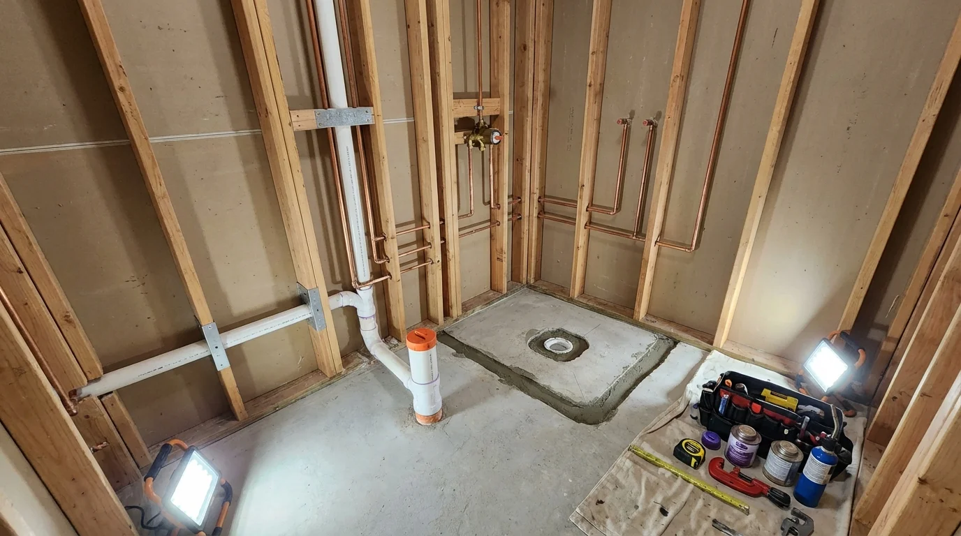 Bathroom rough-in plumbing during remodel by Johns Plumbing LLC in Glidden