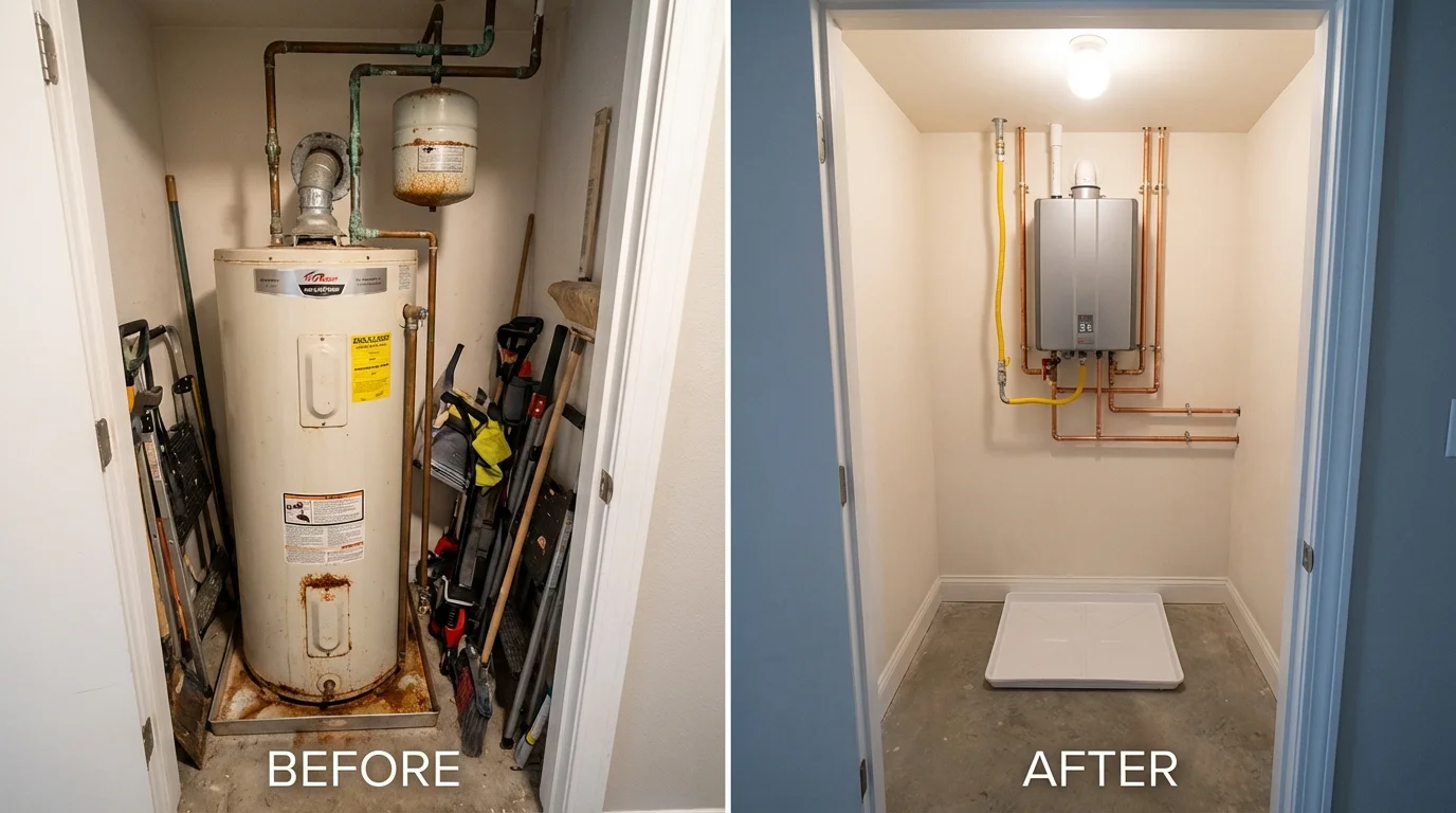 Tank water heater versus wall-mounted tankless unit comparison for Glidden, IA homeowners