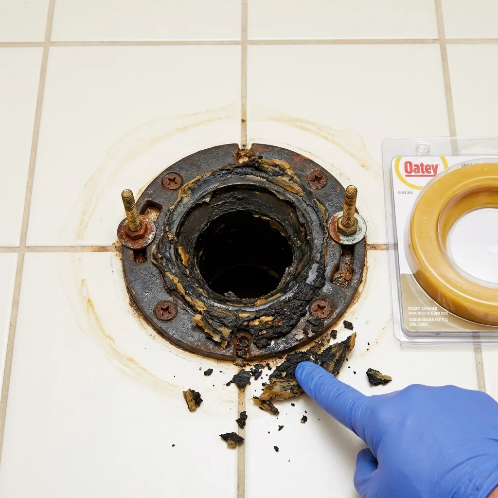 Failed wax ring showing water seepage at the base of a toilet in a Glidden, IA home