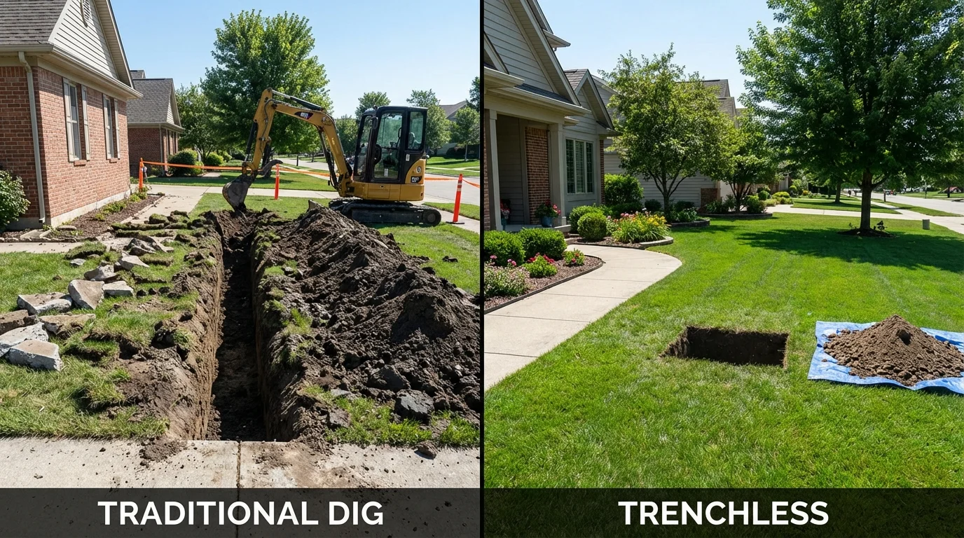 Trenchless sewer repair with minimal yard damage versus traditional excavation in Glidden, IA