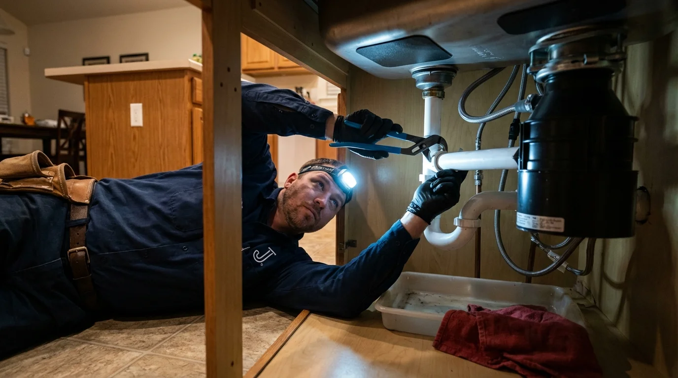 P-trap and supply line connections under a kitchen sink showing a common leak point in Glidden, IA